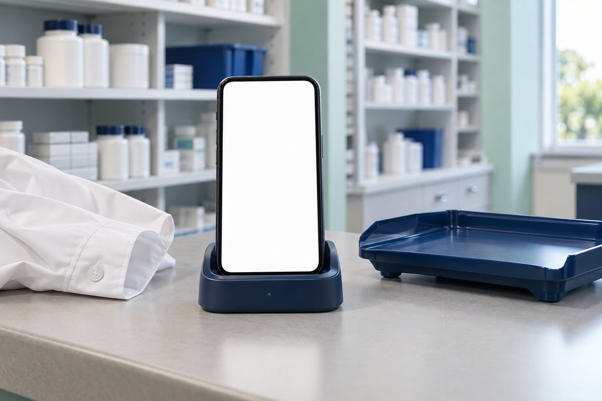 薬局のバックヤードに置かれた連絡用スマホ