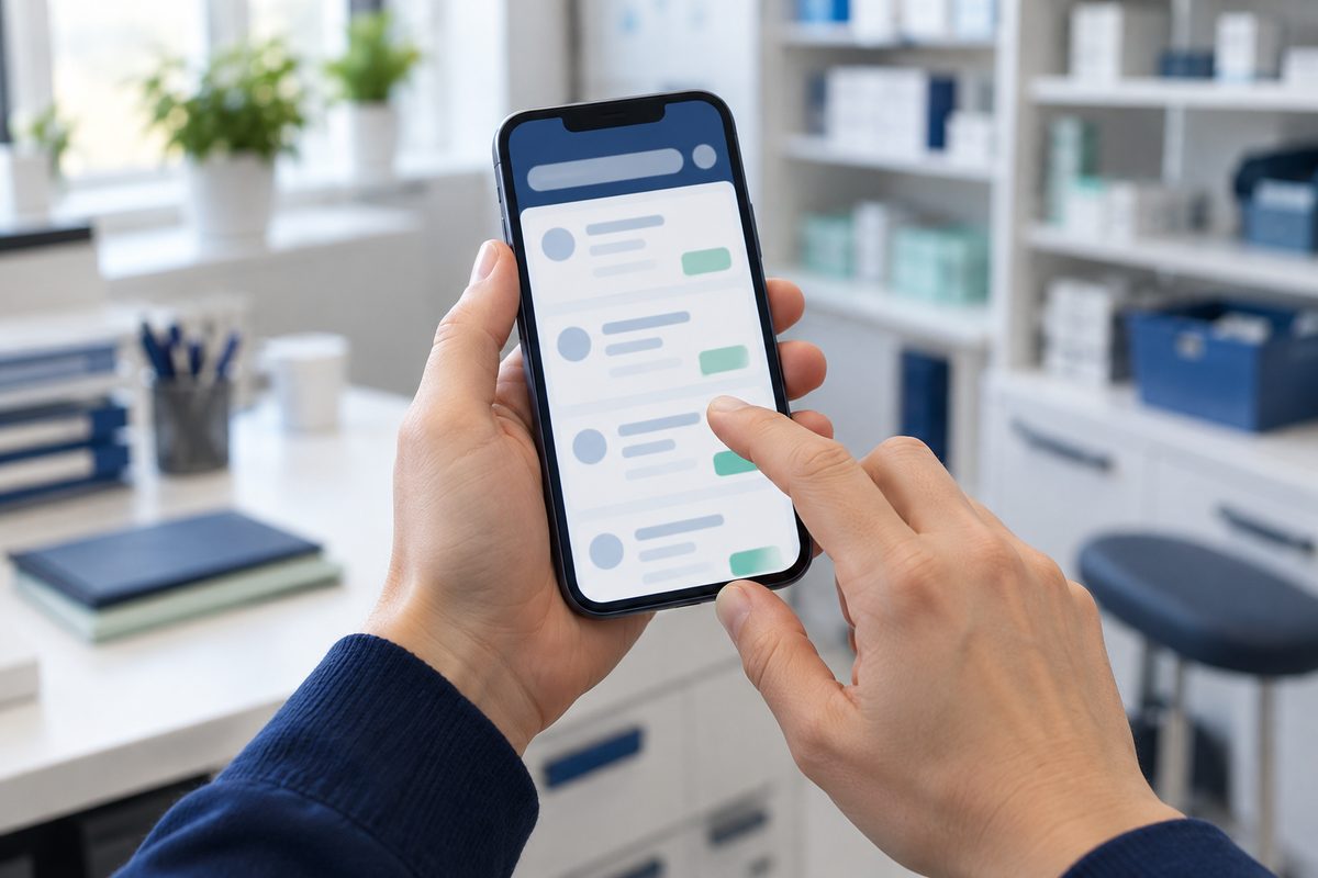 スマートフォンで求人を見る手元（画面の文字は読めない・顔は写さない）
