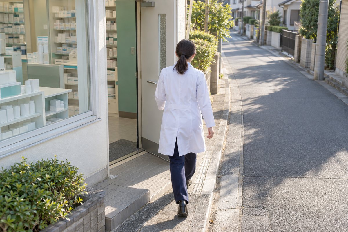 住宅街の調剤薬局から生活道路へ出る薬剤師
