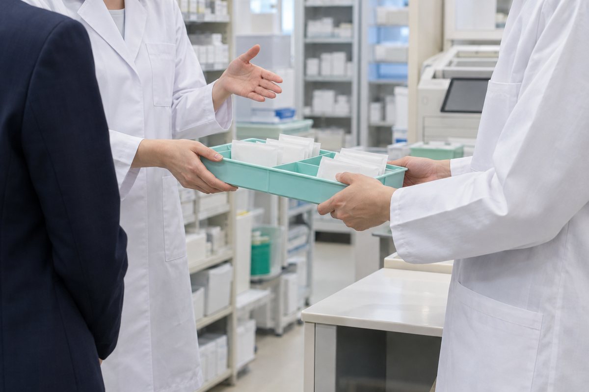 薬局見学で調剤業務の引継ぎ方法を確認する様子