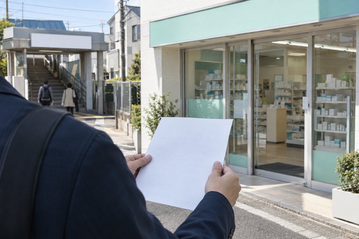駅から薬局へ歩き、勤務先候補を確かめる様子