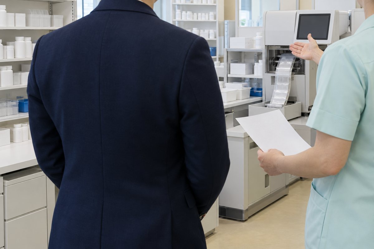 採用前の薬局見学で担当業務の説明を受ける様子