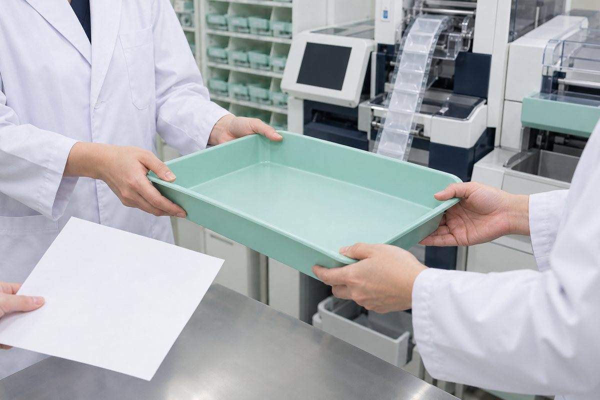 派遣先の薬局で担当作業の説明を受ける薬剤師