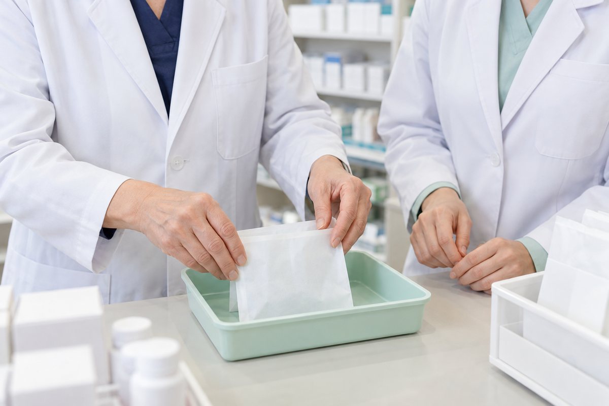 調剤室で先輩から監査作業を教わる薬剤師