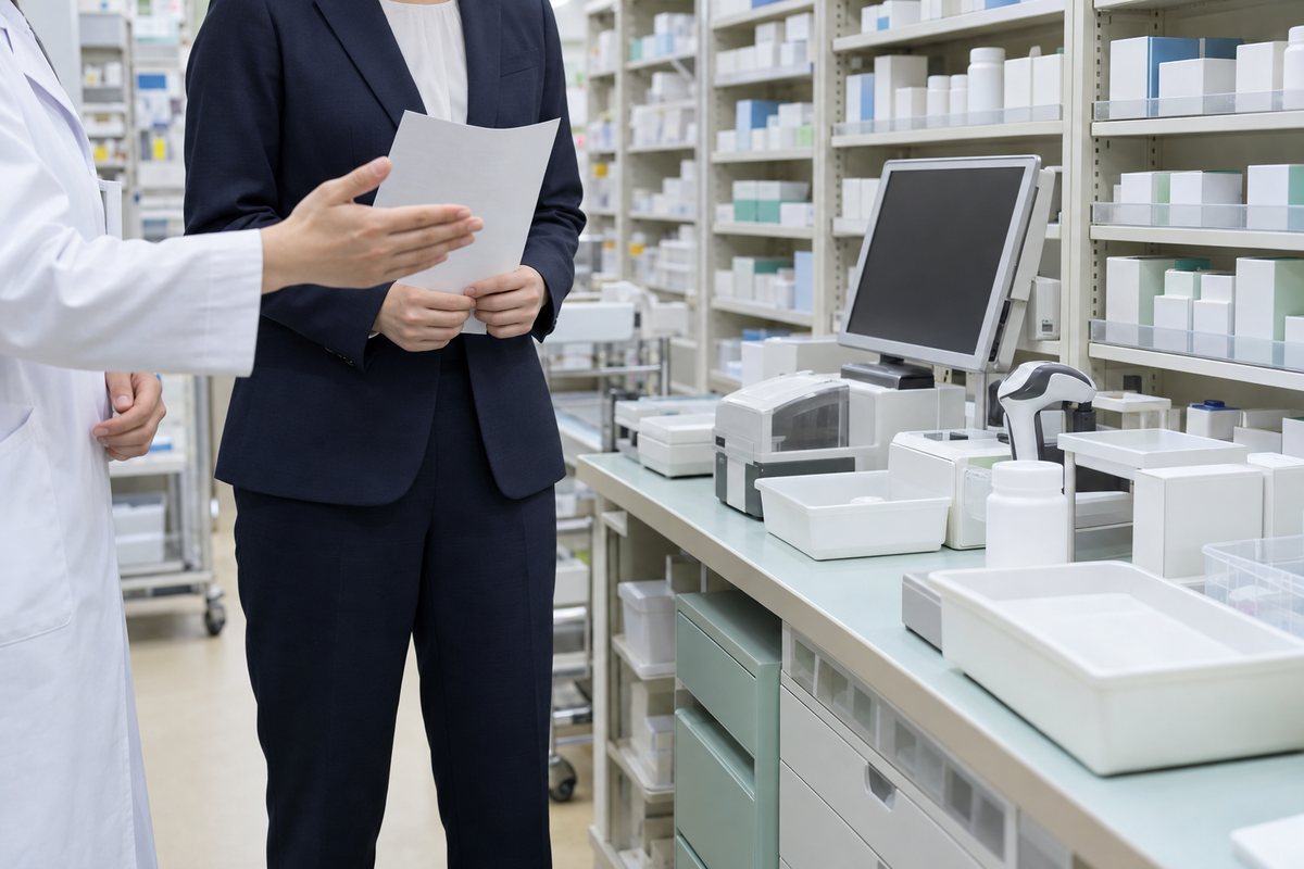 調剤室の見学で担当業務の説明を受ける応募者