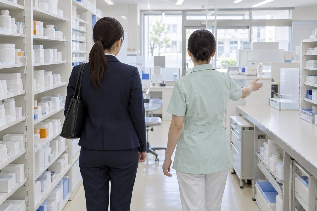 職場見学で調剤業務の動線を確かめる応募者