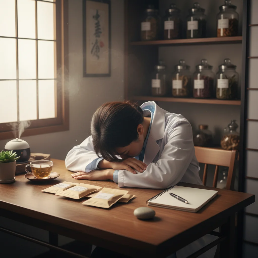漢方相談の業務で共感疲労を感じ、机に突っ伏す女性薬剤師。気を消耗しないためのセルフメンテナンスやメンタルケアの重要性を示している。