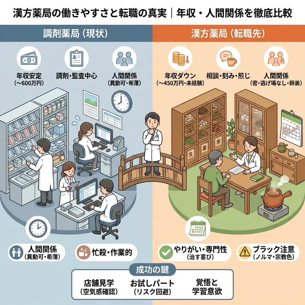 薬剤師の転職希望者向けに、漢方薬局と調剤薬局の働き方を比較したインフォグラフィック。業務内容、平均年収、人間関係、求められるスキルの違いを表で解説し、転職のメリットやブラックな薬局の見分け方も紹介。