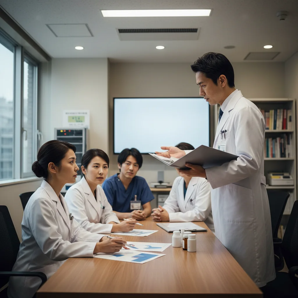 がん医療の現場で働く薬剤師に求められる特徴を説明する画像。白衣を着た薬剤師が医師とカンファレンスで真剣に議論しており、高い専門性が求められる様子が伝わる。