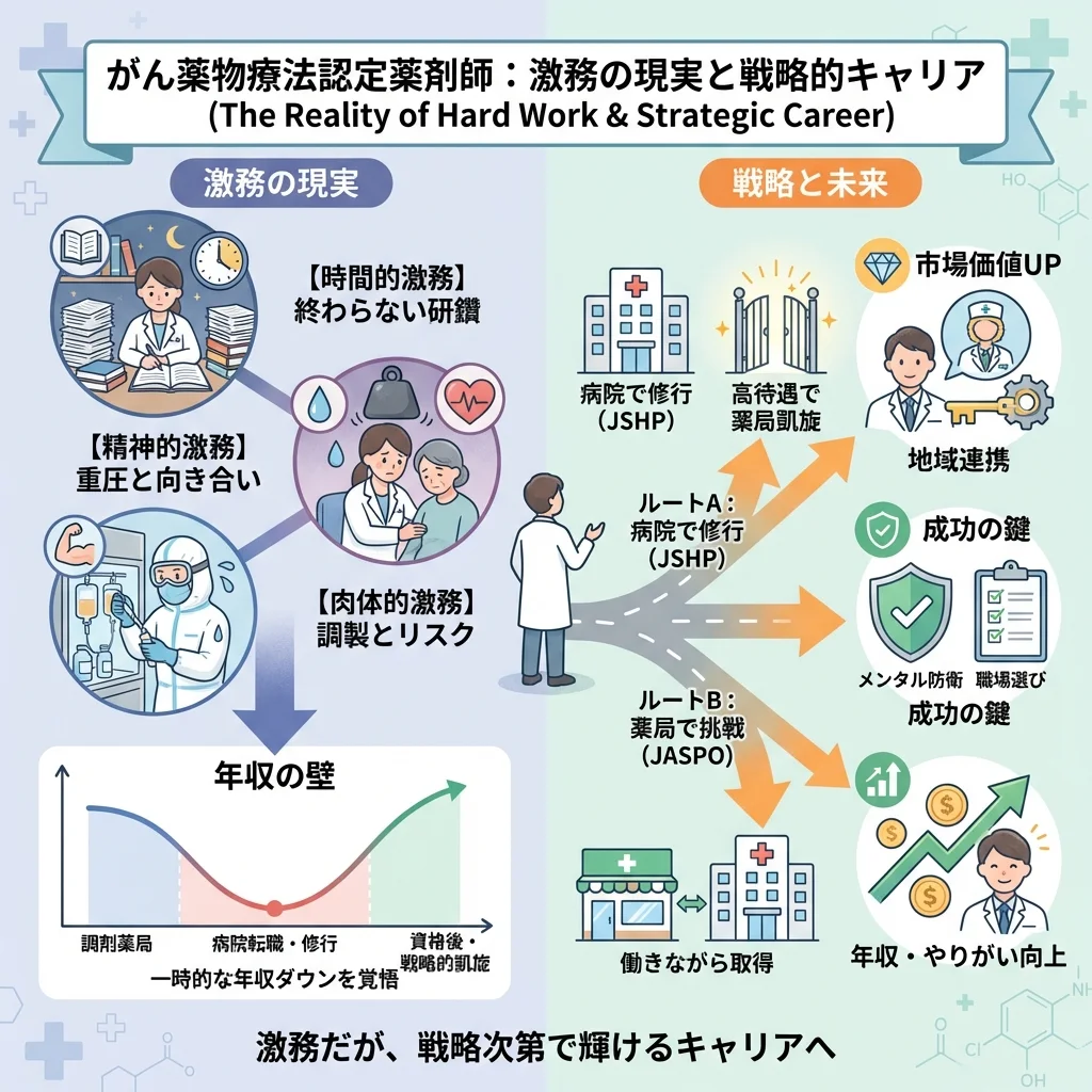 がん薬物療法認定薬剤師のキャリアを解説するインフォグラフィック。病院業務と薬局業務の負担の違い、JSHPとJASPOの資格比較、病院修行後の年収モデルなどを図解し、激務の実態と賢いキャリア戦略を視覚的に示しています。