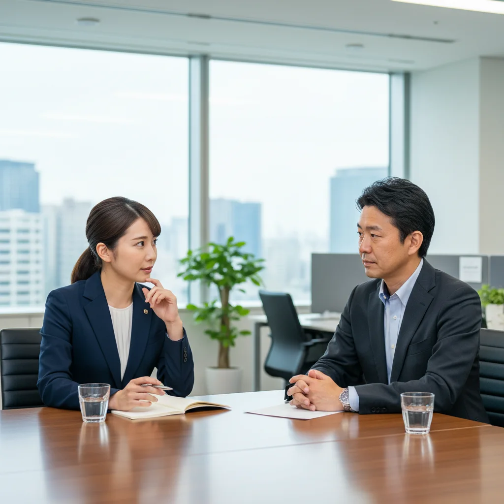 転職活動中の薬剤師が面接で、職場のトラブル対応について質問している場面。スタッフを大切にする会社か見極めるための重要なテクニックです。