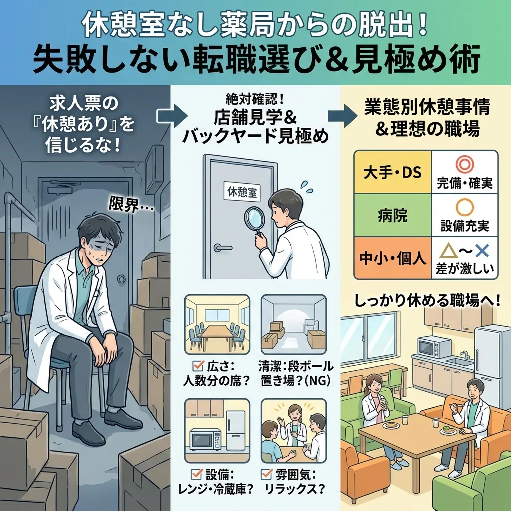 調剤薬局の薬剤師向けに、休憩時間が労働基準法上の手待ち時間にあたるかを確認するチェックリスト。薬歴入力や電話番などの業務指示がある場合の未払い賃金リスクやブラック薬局の特徴をまとめた図解。