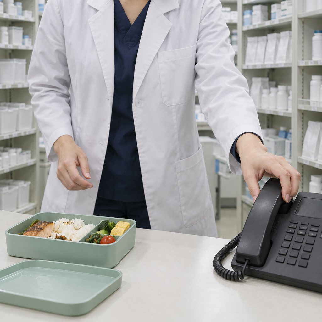 薬局で食事を中断して電話へ手を伸ばす薬剤師