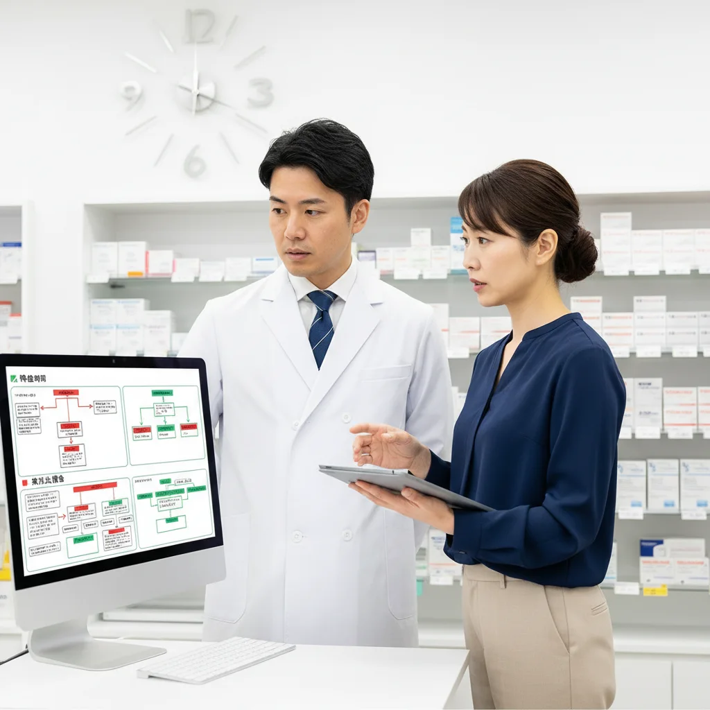 調剤薬局の薬剤師向けに、休憩時間が労働基準法上の手待ち時間にあたるかを確認するチェックリスト。薬歴入力や電話番などの業務指示がある場合の未払い賃金リスクやブラック薬局の特徴をまとめた図解。