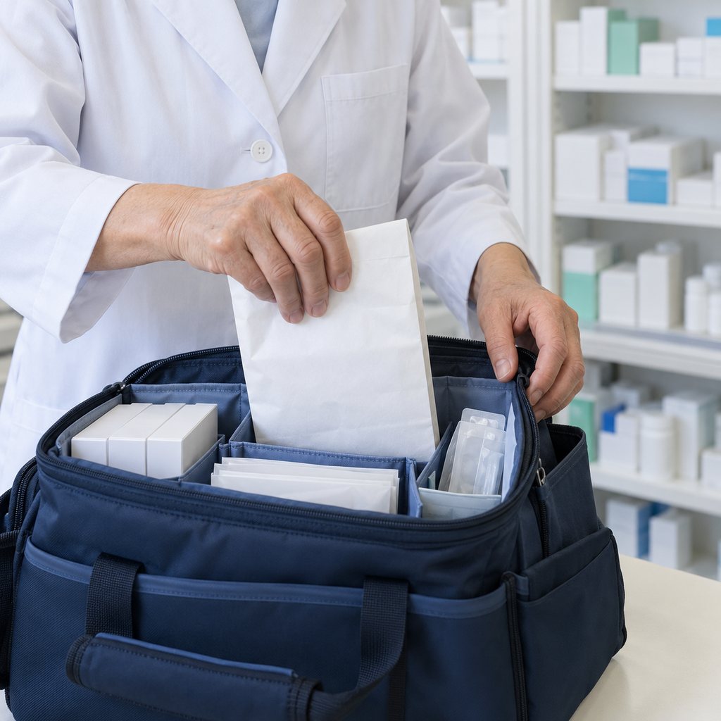 在宅訪問の薬剤バッグを準備する薬剤師の手元