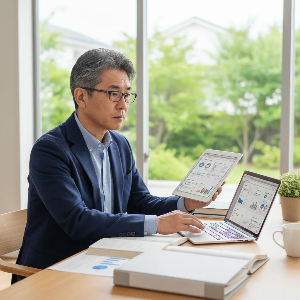 定年後のキャリアプランを考えるシニア薬剤師。後悔しない働き方を選ぶために、転職や再雇用など、今後の働き方について情報収集している様子。