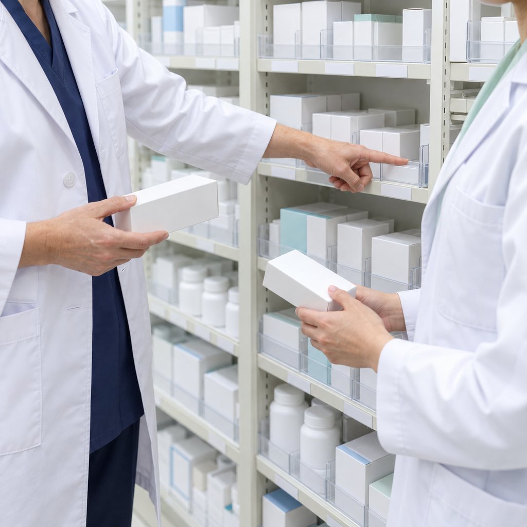 新人に薬品の保管と補充を説明する薬剤師