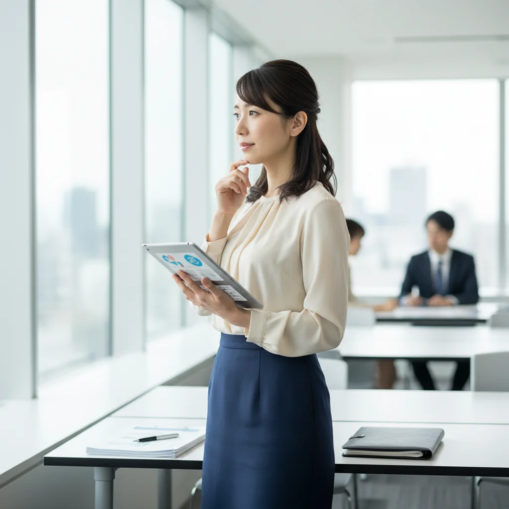 転職における年齢の壁に悩む薬剤師のイラスト。管理薬剤師などの経験で得たポータブルスキルを活かし、キャリアチェンジを考える姿。