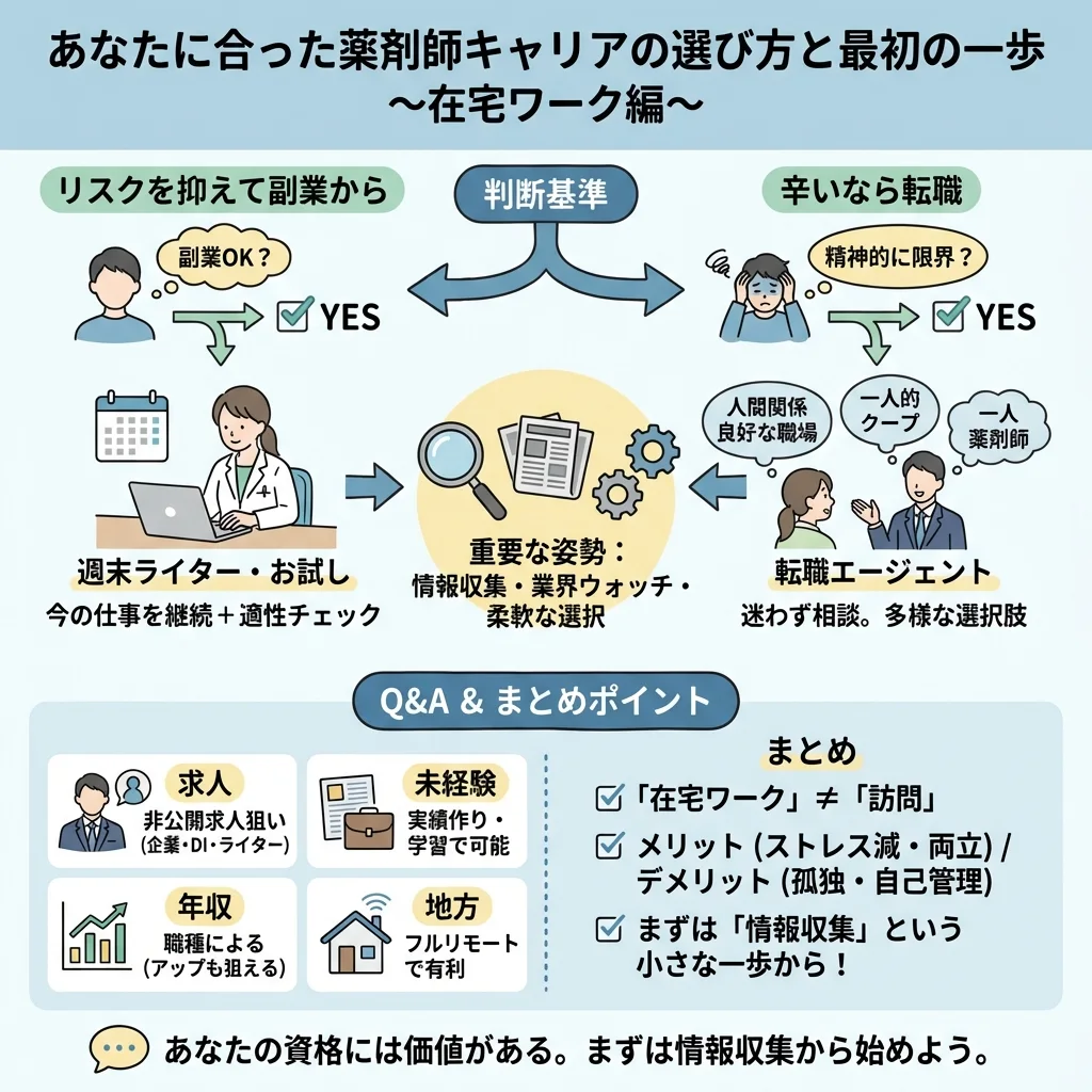薬剤師の転職面接で、在宅勤務を希望する理由を質問されている女性。採用担当者に好印象を与えるためのポジティブな回答方法を解説するイメージ。