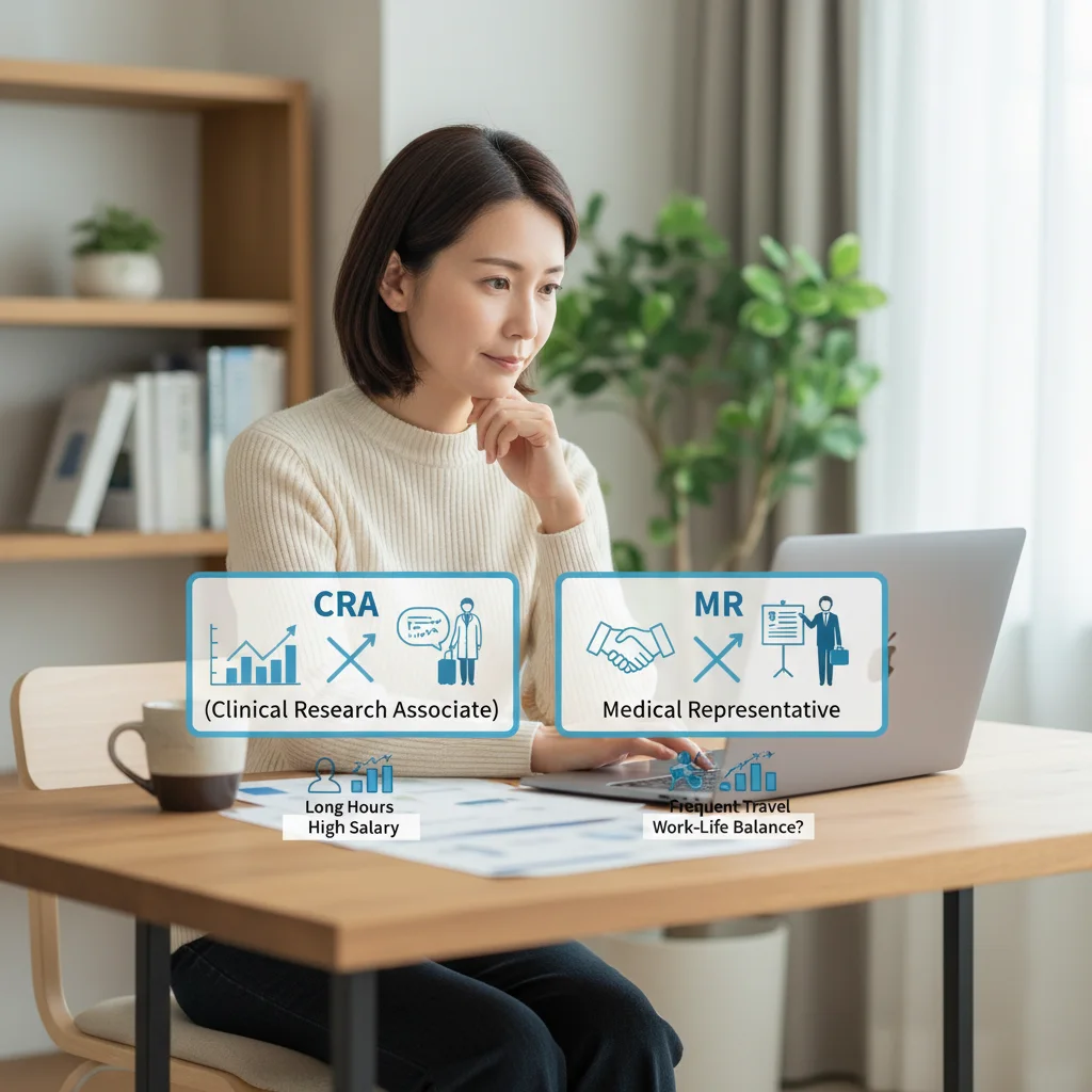 薬剤師転職を考える女性が、激務で知られるCRAとMRのどちらを選ぶべきか悩んでいる様子のイラスト。年収は高いものの残業や出張が多く、自身の価値観に合った慎重な選択が求められます。