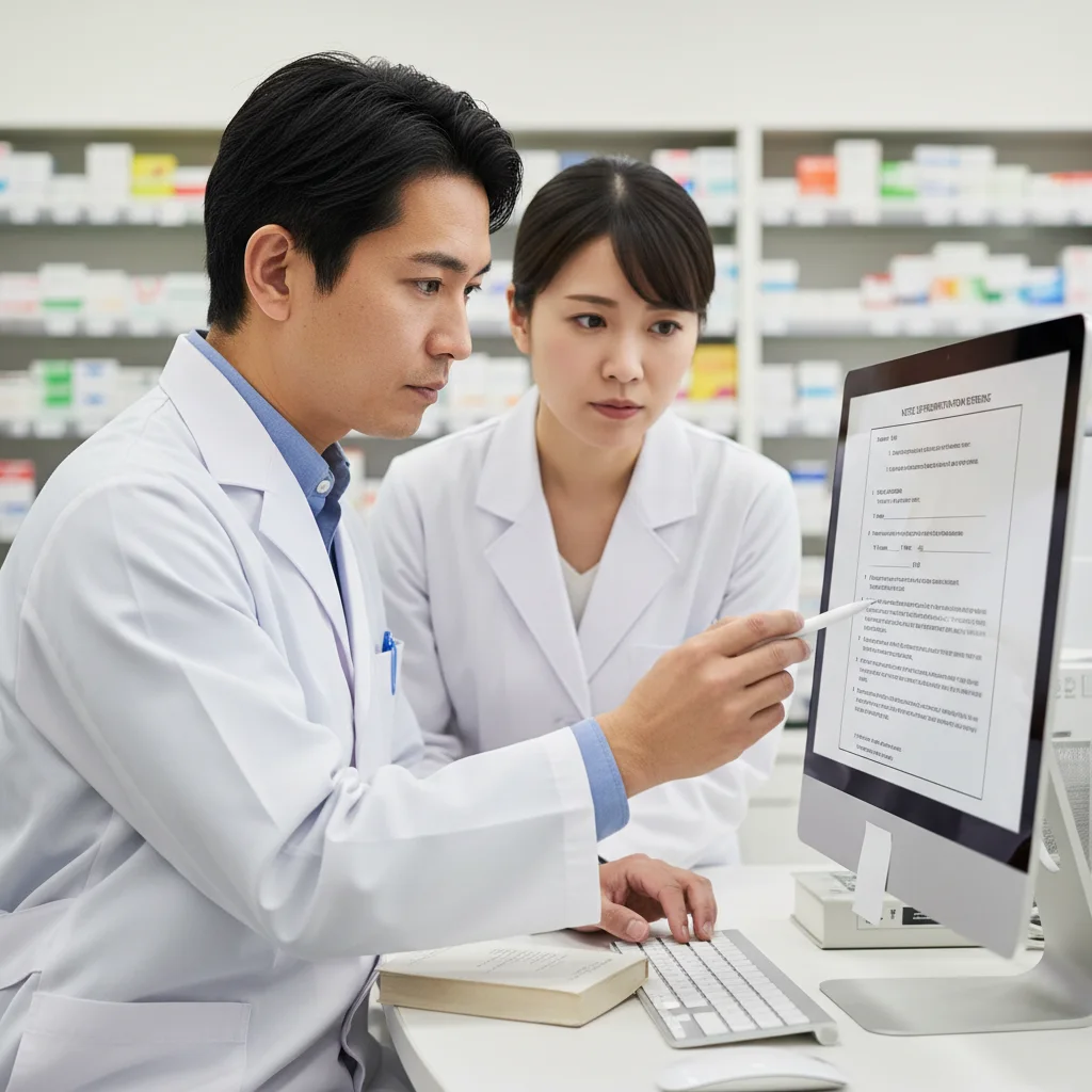 調剤薬局で働く薬剤師が悪質なクレーマーに対応するため、内容証明郵便のテンプレートを確認しているイラスト。出入り禁止通知の書き方や注意点を具体的に示し、職場の悩みを解決するヒントになります。