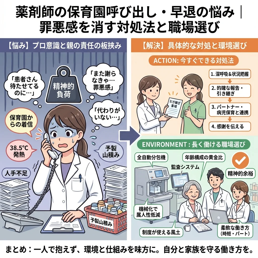 子育て中の薬剤師が保育園からの呼び出しで早退する際の悩みを解決するインフォグラフィック。罪悪感を減らす対処法、子の看護休暇と現場の比較図、働きやすい薬局の見極め方、雇用形態ごとのメリット・デメリットを解説。