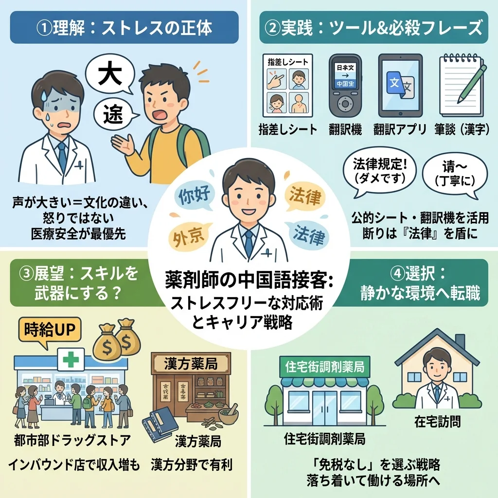 薬剤師が中国語接客の悩みを解決するためのインフォグラフィック。ドラッグストアと調剤薬局で求められるスキルレベルの比較や、翻訳ツールの活用法、トラブル回避フレーズ、キャリアへの影響などを図や表で解説しています。