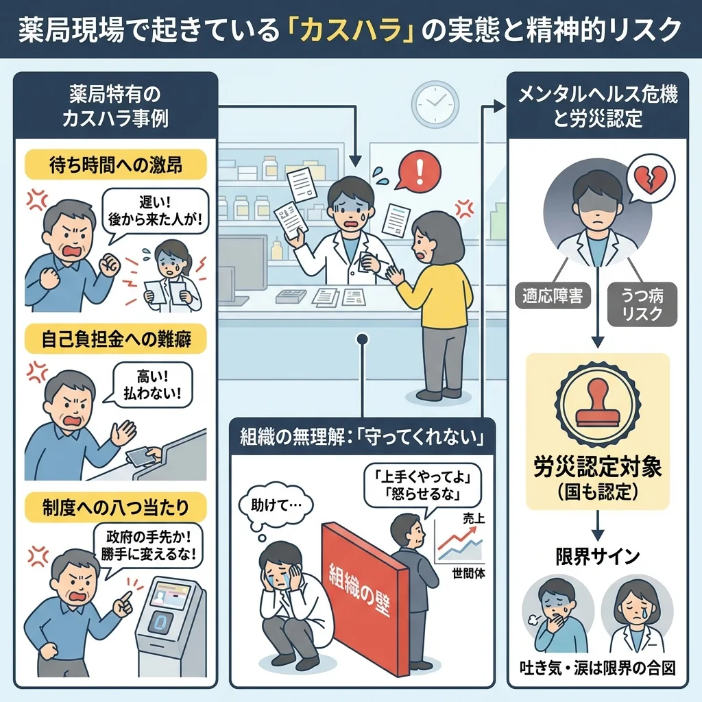 調剤薬局で働く薬剤師が悪質なクレーマーに対応するため、内容証明郵便のテンプレートを確認しているイラスト。出入り禁止通知の書き方や注意点を具体的に示し、職場の悩みを解決するヒントになります。