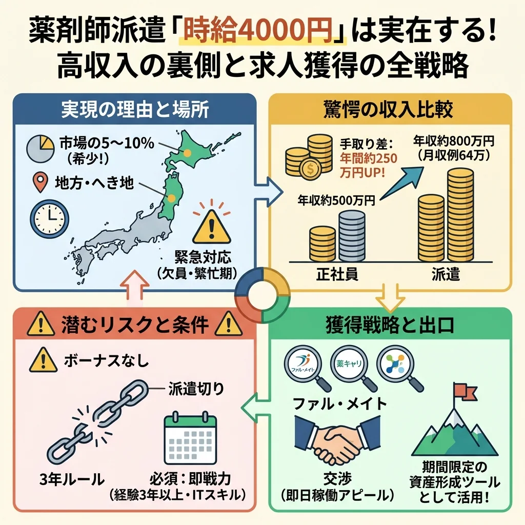 薬剤師派遣の時給4,000円求人が発生する仕組みと、正社員との年収や手取り額の差を比較したインフォグラフィック。高収入のメリットだけでなく、派遣切りやキャリア断絶のリスク、求められる即戦力スキルも図解している。