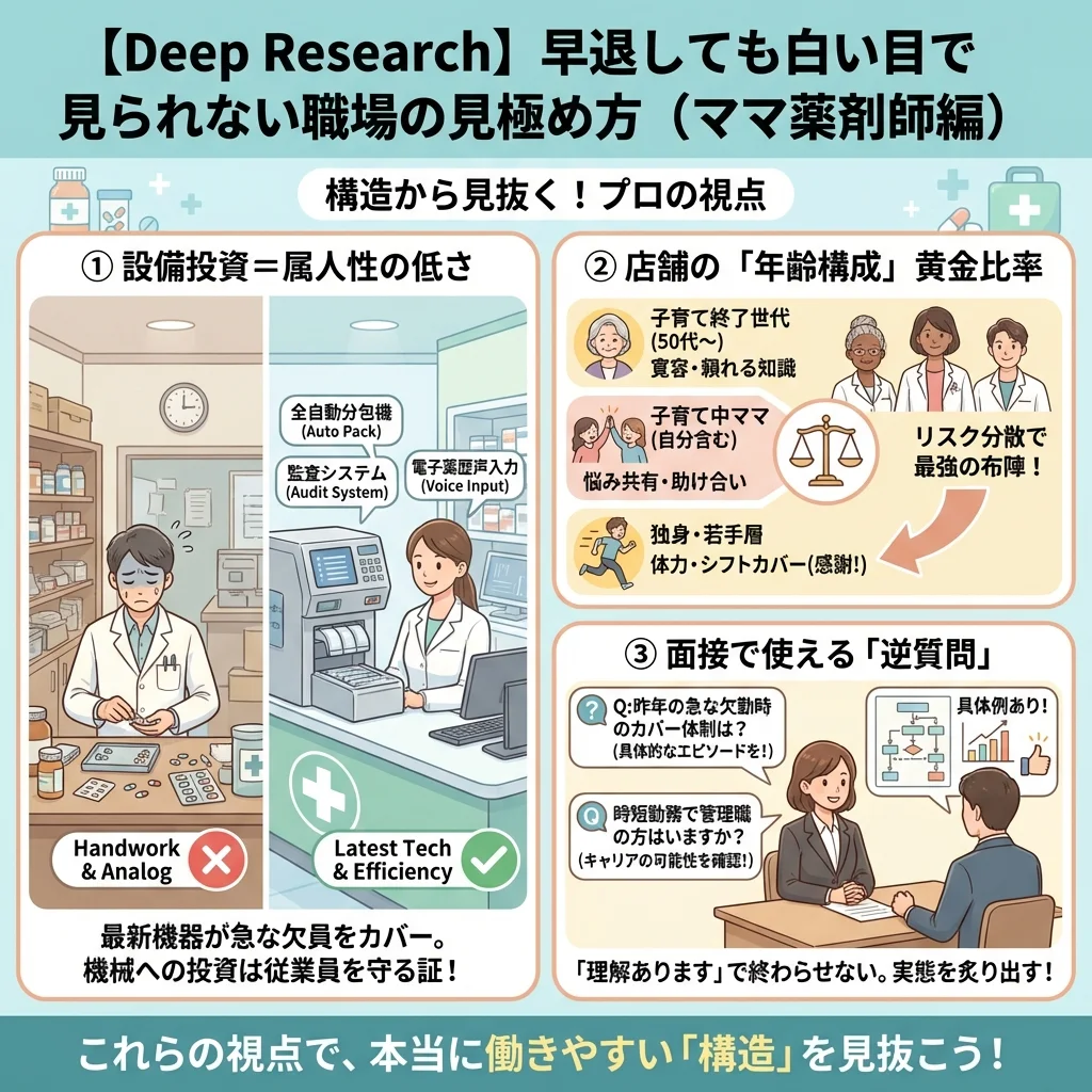 調剤薬局で働くママ薬剤師が、保育園からの呼び出し電話に冷静に対応する様子。急な早退でも、スムーズな業務の引き継ぎと報告で職場の信頼を保つためのノウハウを解説するイラスト。