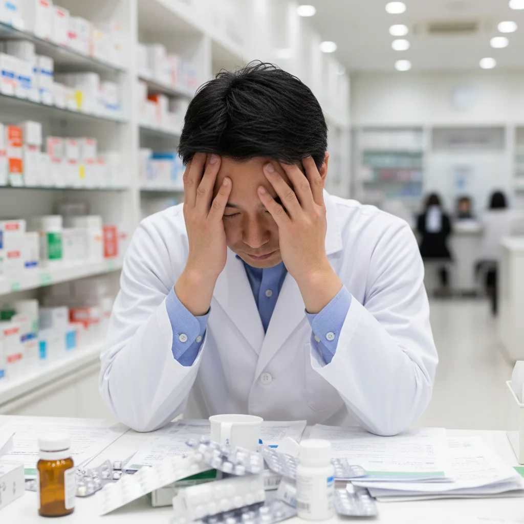 調剤中にインシデントを頻発してしまい、カウンターで頭を抱える薬剤師。確認のしすぎで焦り、ミスを繰り返す悪循環から抜け出す改善策を模索している様子。