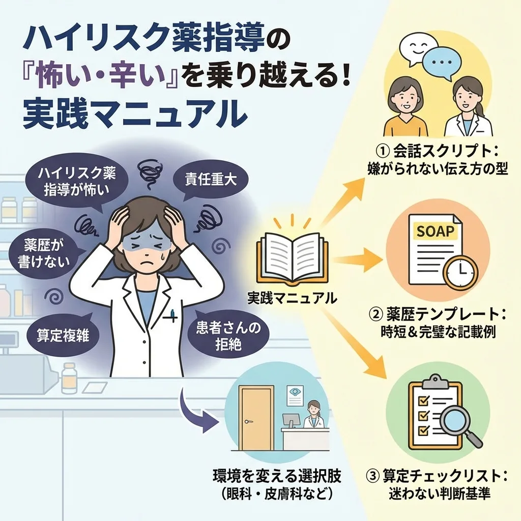 ハイリスク薬の指導に悩む薬剤師向けに、患者さんとの会話術、薬歴記載のSOAPテンプレート、算定の注意点、職場選びのコツを一覧で分かりやすく図解したインフォグラフィックです。