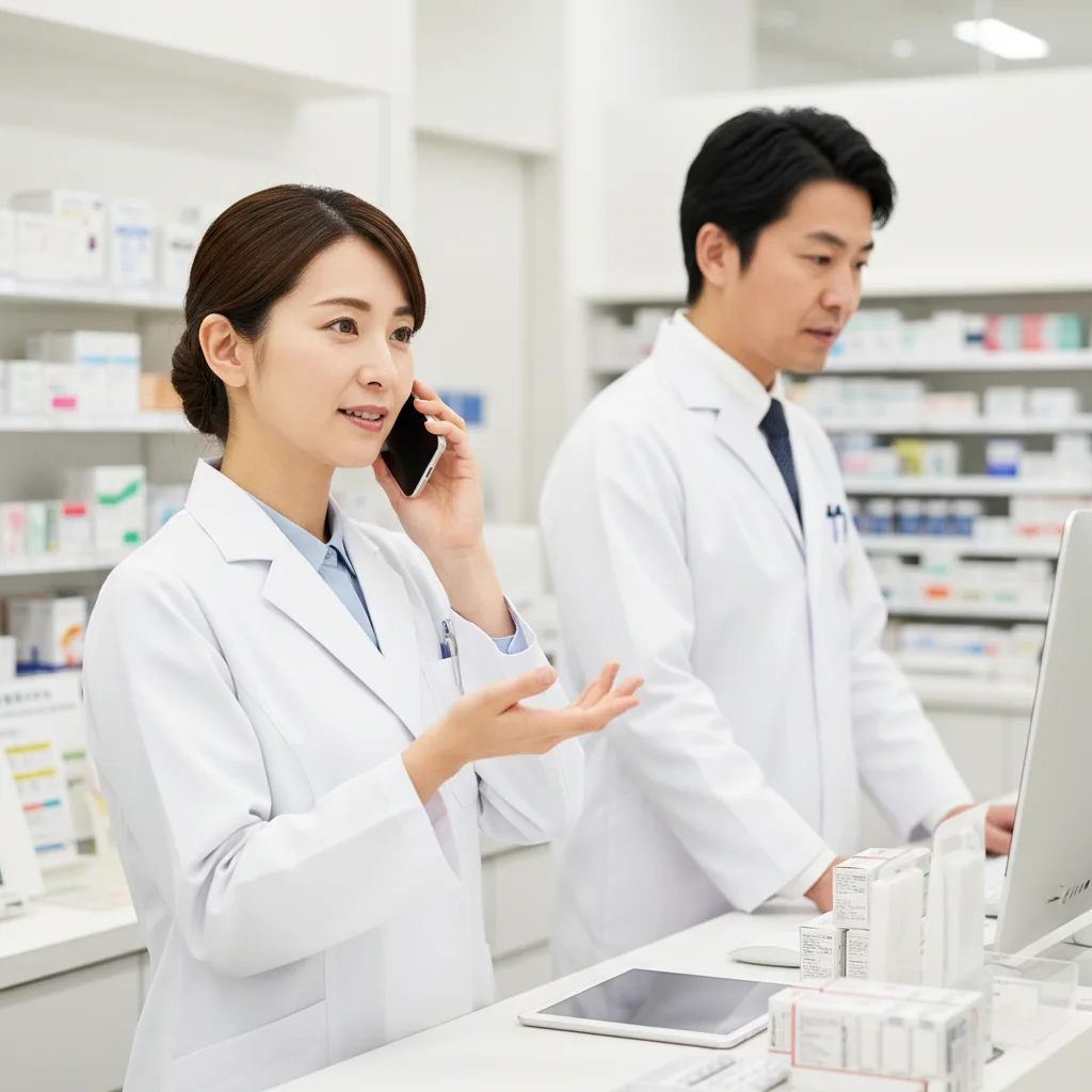 調剤薬局で働くママ薬剤師が、保育園からの呼び出し電話に冷静に対応する様子。急な早退でも、スムーズな業務の引き継ぎと報告で職場の信頼を保つためのノウハウを解説するイラスト。