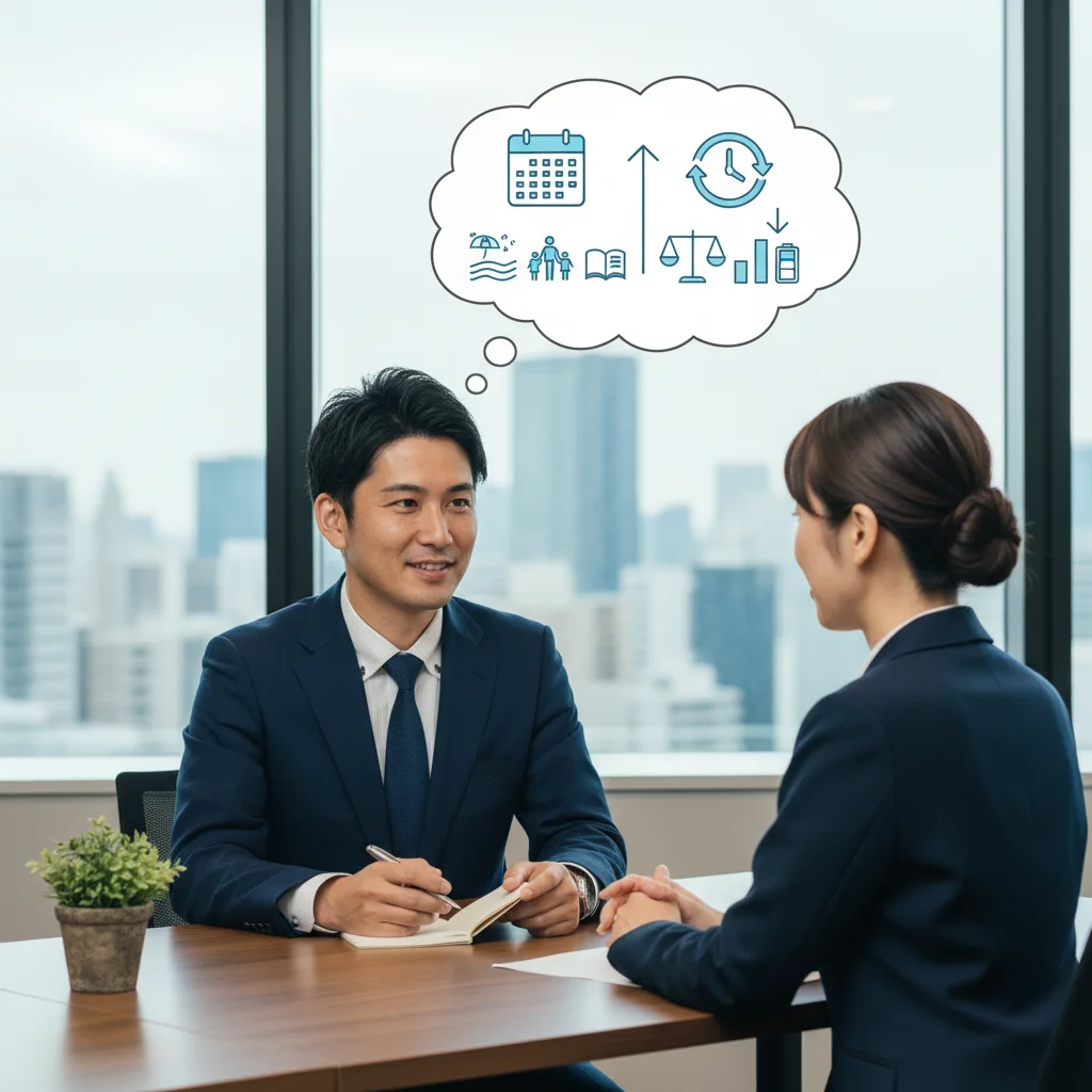 薬剤師の転職面接で、休暇や残業について角を立てずに質問するテクニックを示す画像。面接官に好印象を与えながら、働き方の実態を探る逆質問の例文を紹介しています。