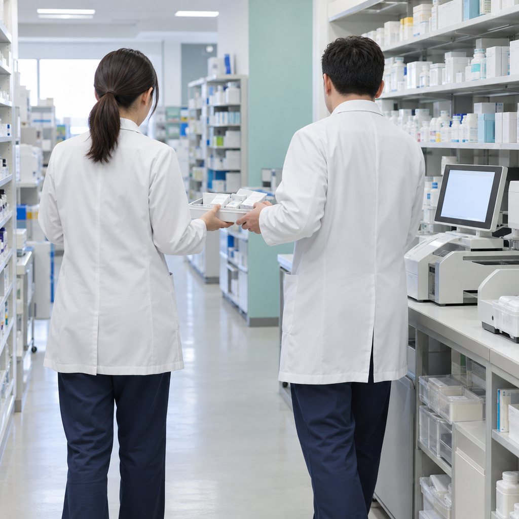 調剤室で同僚に監査トレーを引き継ぐ薬剤師