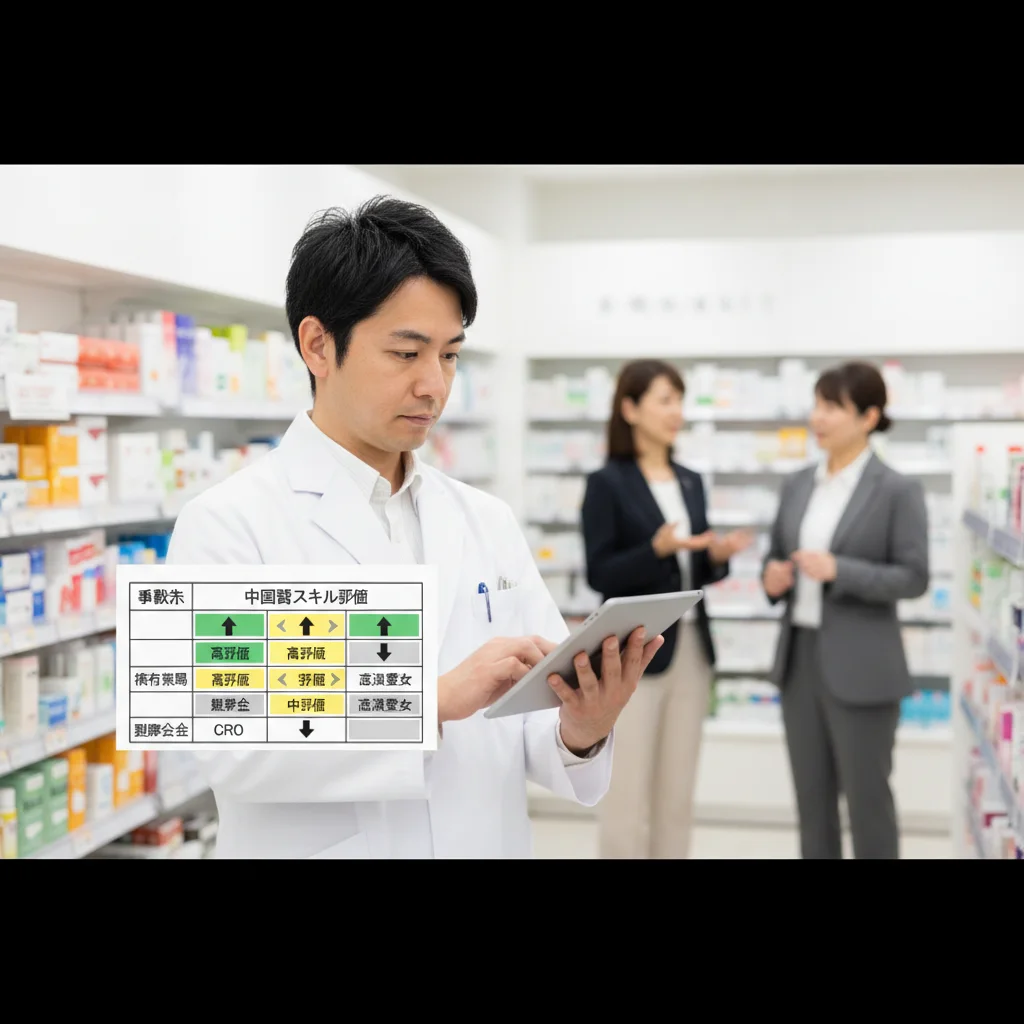 薬剤師の転職における中国語スキルの有利性をまとめた表。漢方薬局、製薬会社、CROといった転職先ごとに、中国語がどう評価されるかを比較しています。