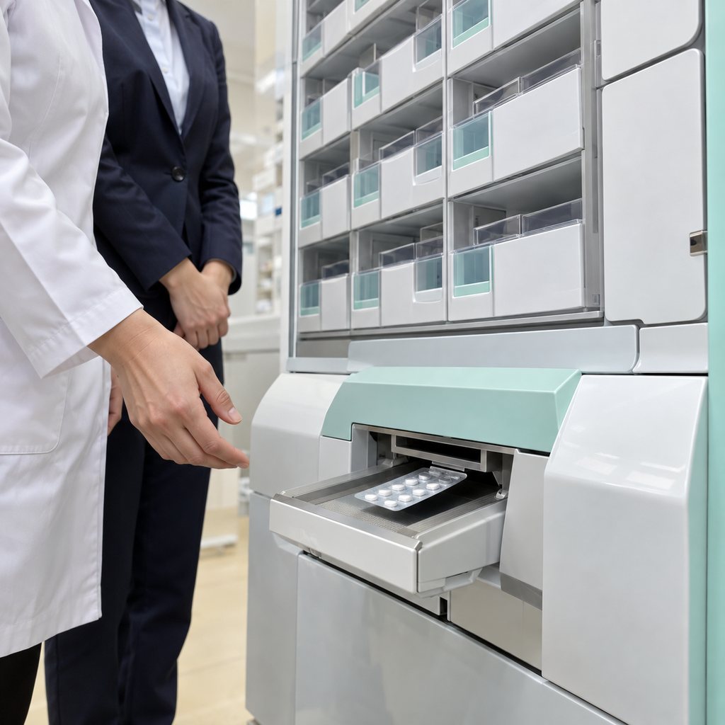 店舗見学でPTP払出機の稼働を確かめる場面