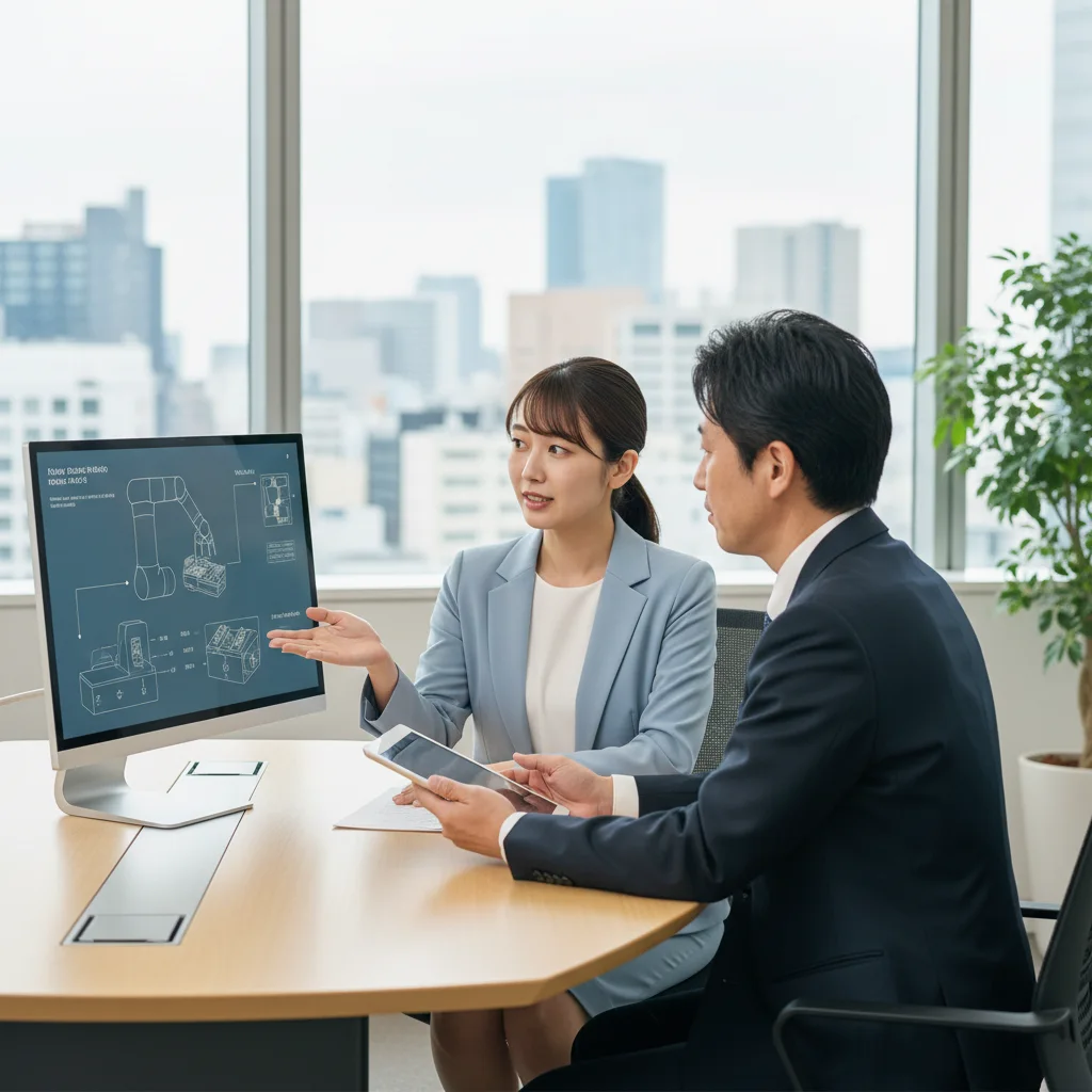 最新設備が整った調剤薬局への転職を目指す薬剤師が、転職エージェントに相談しているイラスト。監査システムや調剤ロボットといった具体的な希望を伝え、非公開求人の中から最適な職場を探している。