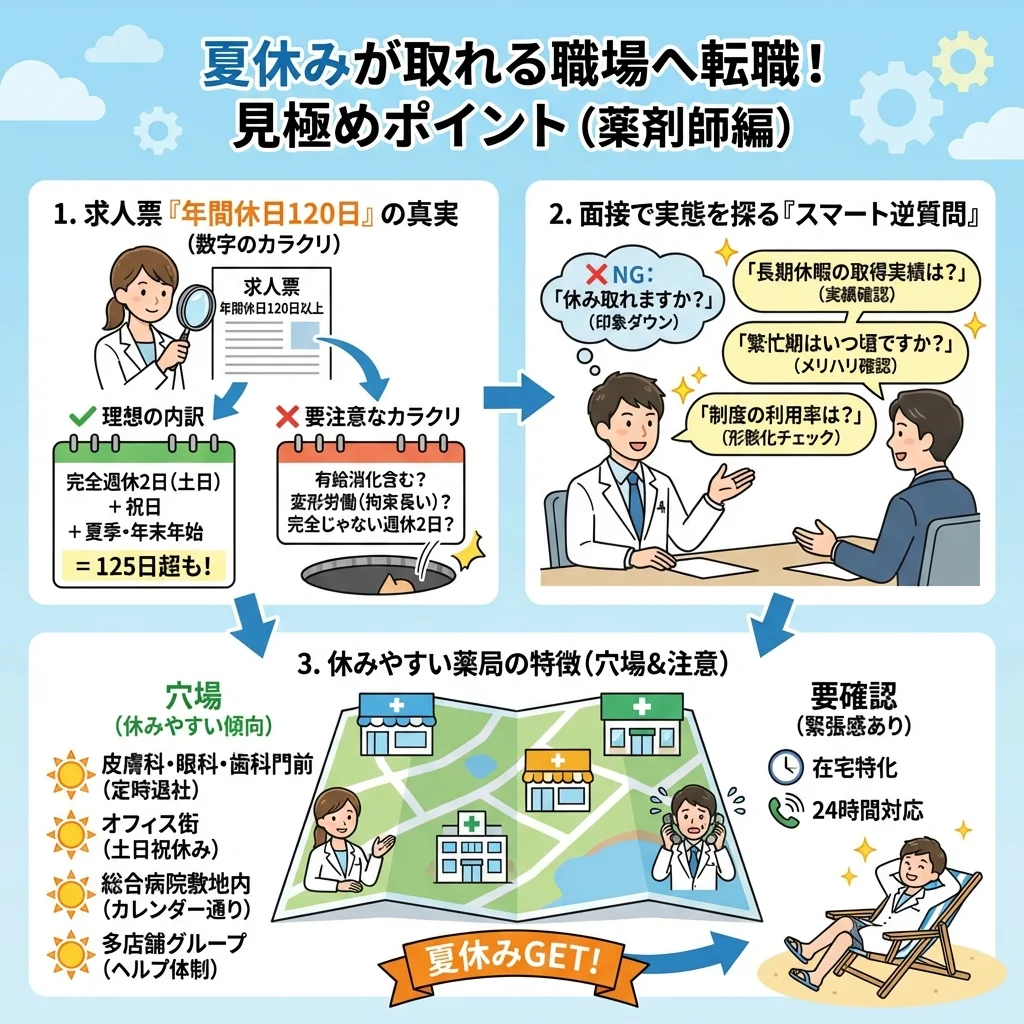 調剤薬局で働く女性薬剤師が、人手不足や職場の人間関係が原因で夏休みを取れず、カウンターで頭を抱え悩んでいる様子。薬剤師の転職理由にもつながるストレスが伝わる画像。