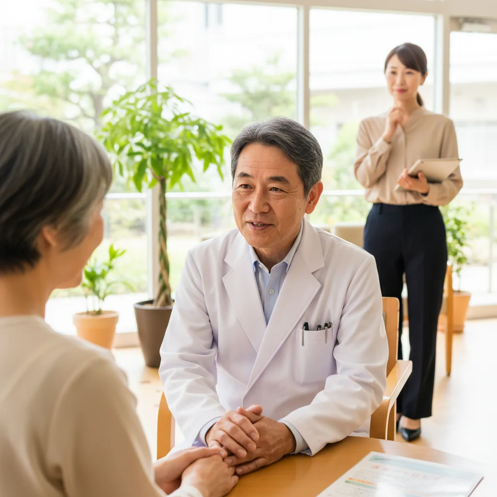 療養型病院で患者さんと穏やかに話すシニア薬剤師。体力的な負担が少ない働きやすい職場への転職は、経験を活かしながら長く働くための選択肢の一つです。