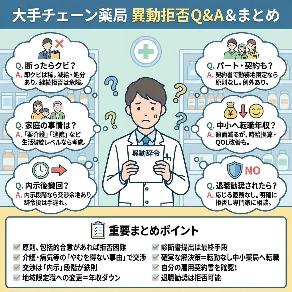 薬剤師の全国職とエリア職の年収格差を示す比較表。基本給や賞与、家賃補助の差をシミュレーションし、年間で約168万円の経済的損失が発生する可能性を図解している。
