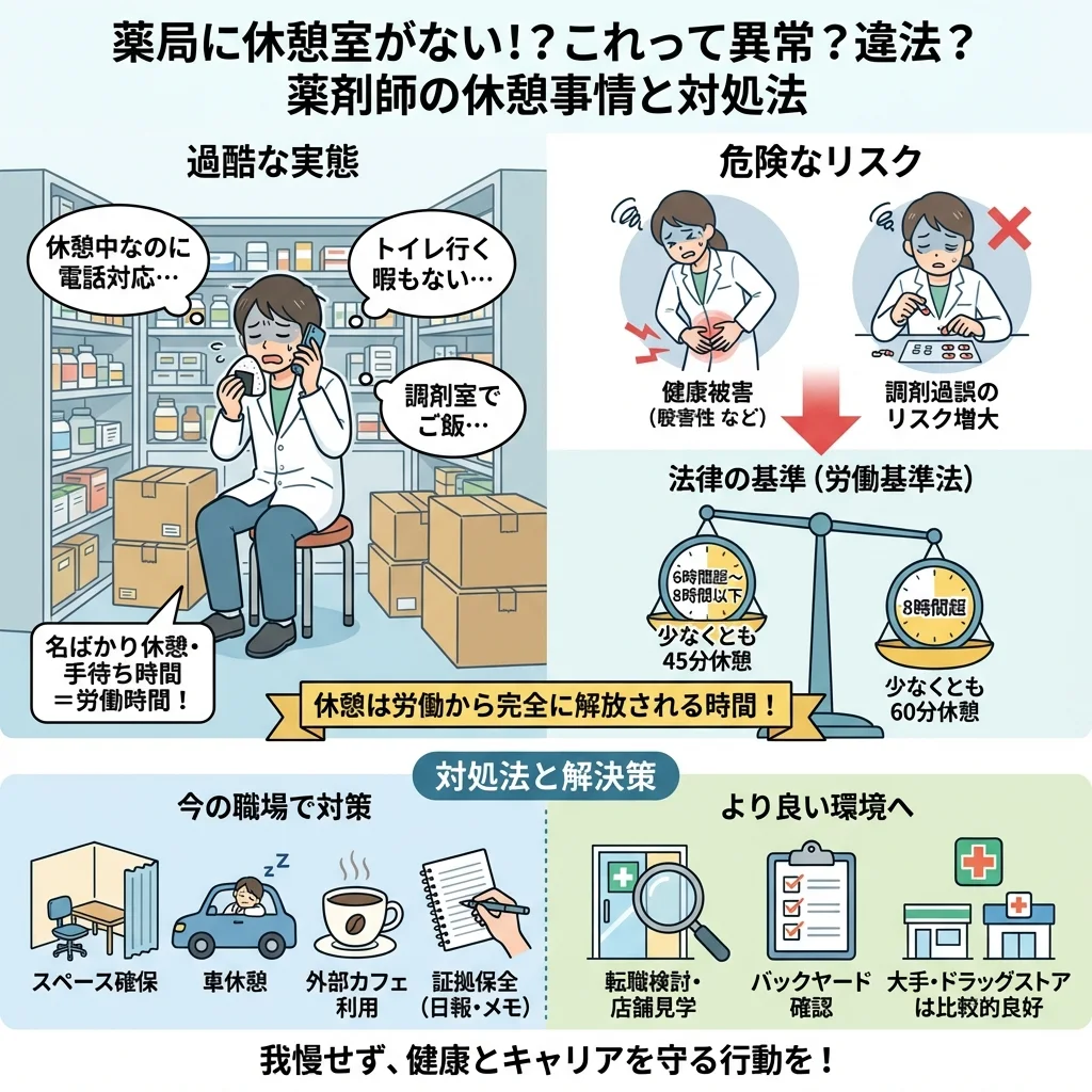 薬剤師の休憩時間における労働基準法違反の基準と、労働時間とみなされる「手待ち時間」の違いを比較したインフォグラフィック。薬局に休憩室がないリスクやブラック職場判定チェックリスト、法的に正しい休憩の取り方を視覚的に解説。