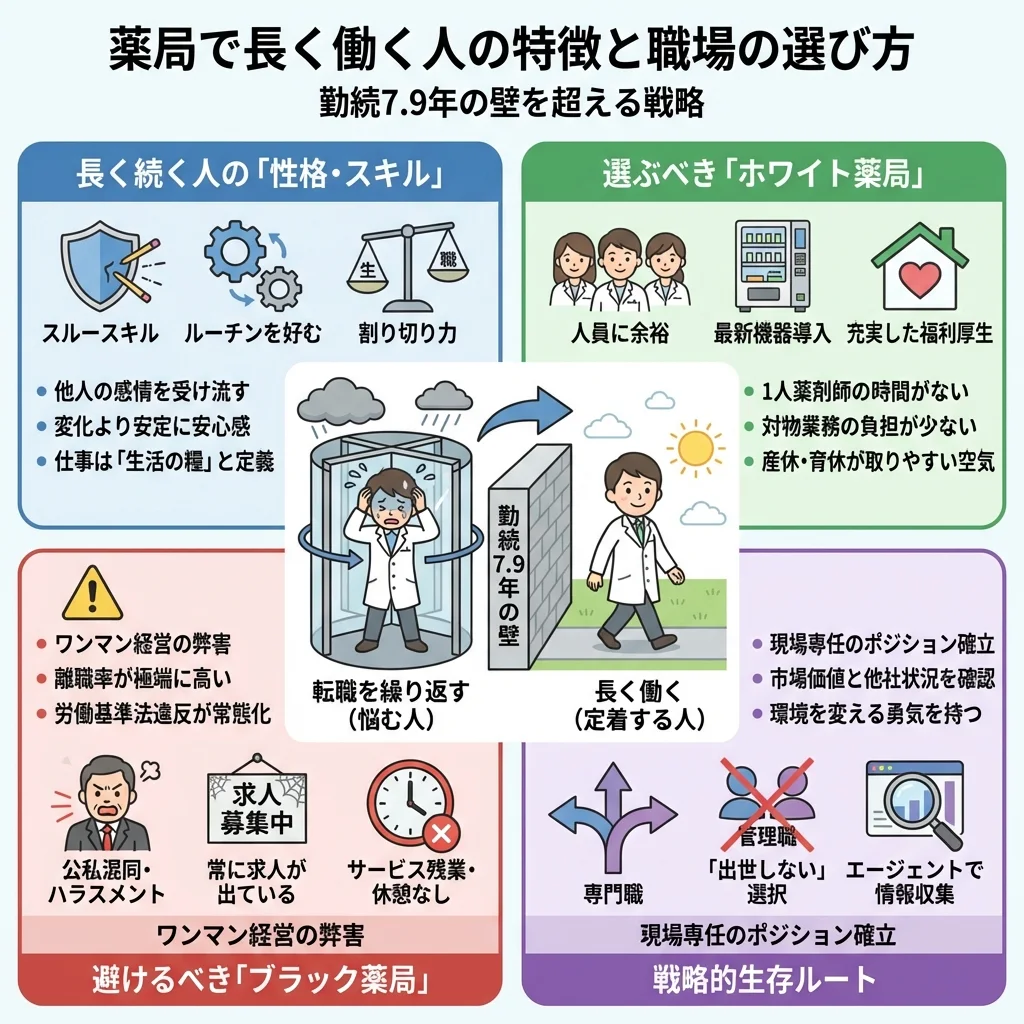 薬局で長く働く薬剤師の性格的特徴と定着率の高いホワイト薬局の条件をまとめたインフォグラフィック。平均勤続年数データやブラック薬局の特徴、ストレスを溜めないマインドセットなどのポイントを比較図とリスト形式で視覚的に解説。