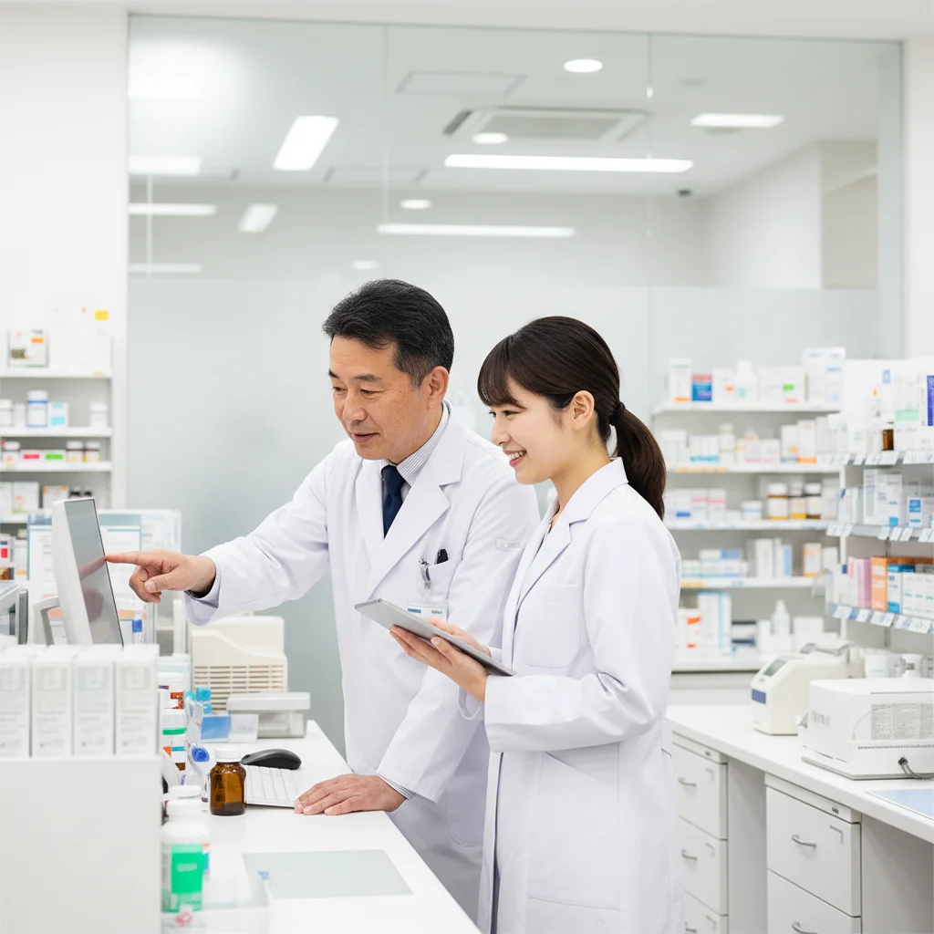 管理職経験を持つ50代のベテラン薬剤師が、過去のプライドを捨て新しい職場で若手と協力する様子。転職を成功させるために重要な「現場力」と、柔軟なマインドセットの大切さを表現した画像。