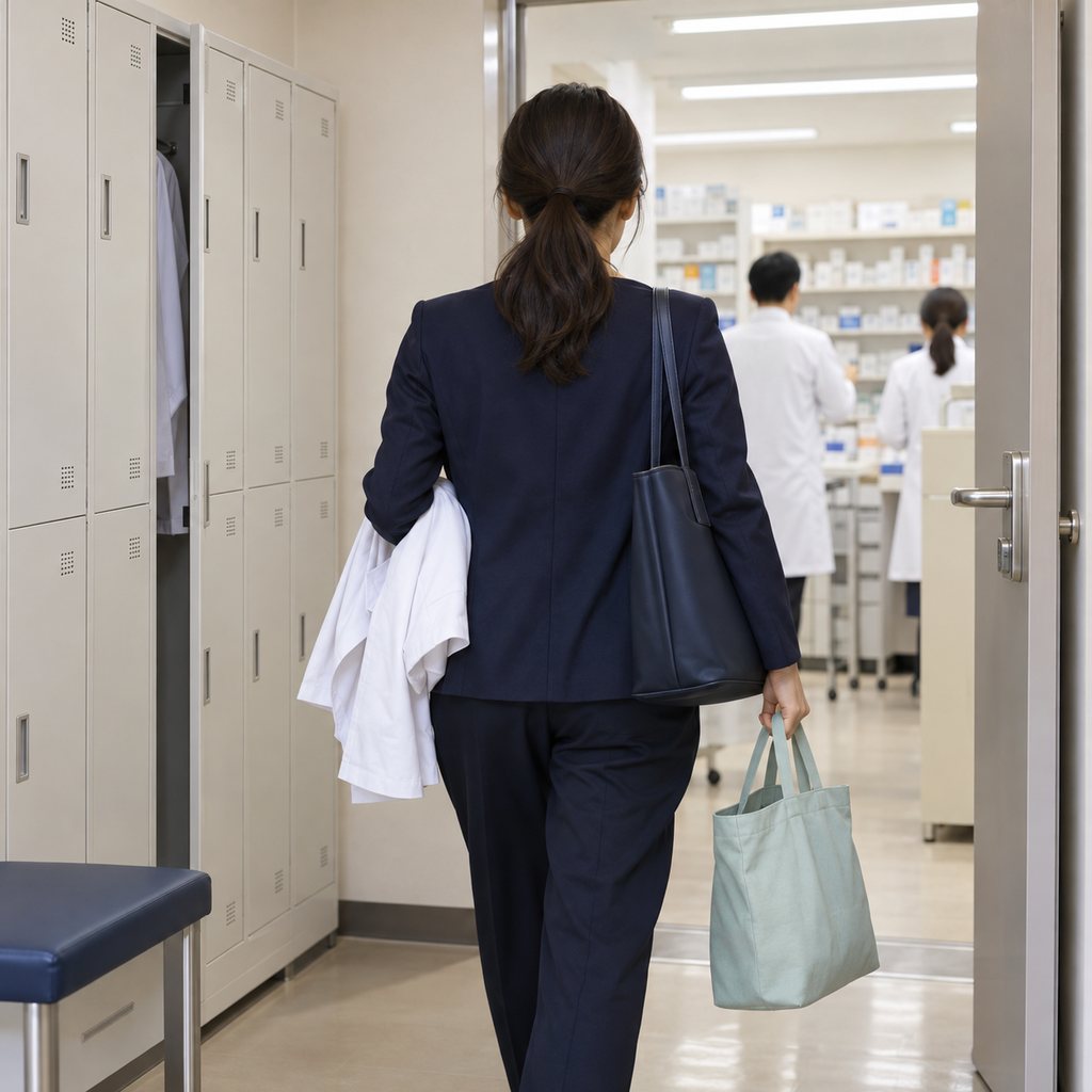 勤務を引き継ぎ、子どもの迎えへ向かう薬剤師