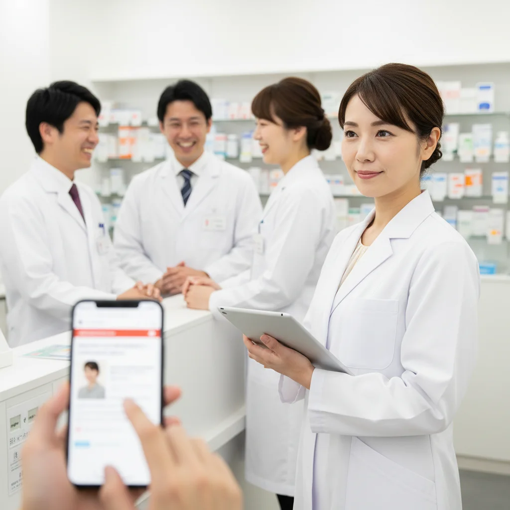 調剤薬局で働くママ薬剤師が、時短勤務で肩身が狭い思いをしているイラスト。職場の人間関係やキャリアの悩みを解消し、自分に合った働き方を見つけるヒントを解説。