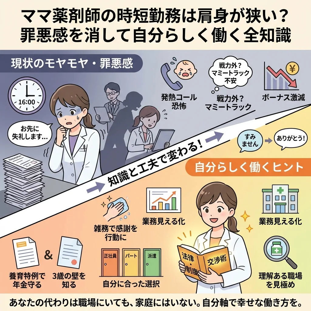 時短勤務に悩むママ薬剤師のため働き方を比較したインフォグラフィック。正社員、パート、派遣の年収やメリットなどを図解し、子育てとキャリアを両立する最適な雇用形態の選び方が分かります。