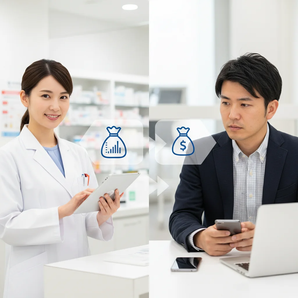 薬剤師の全国職とエリア職の年収格差を示す比較表。基本給や賞与、家賃補助の差をシミュレーションし、年間で約168万円の経済的損失が発生する可能性を図解している。