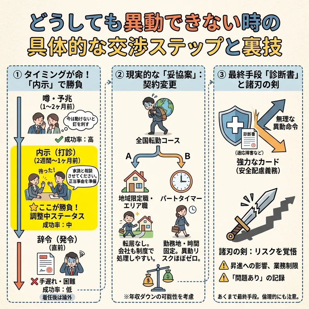 上司から退職勧奨の面談を受け、精神的に追い詰められている薬剤師の女性。異動を拒否した後のキャリアに悩み、今後の働き方や転職について深く考え込んでいる様子。