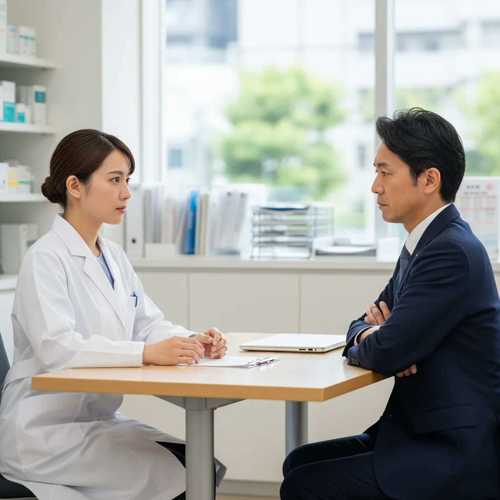 白衣を着た薬剤師が上司と面談している様子。退職を覚悟し、働き方や部署異動といった条件交渉を真剣な表情で行っている。